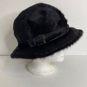 Danier Fur Hat Womens Medium Dark Brown Green Leather Trim Winter Cap